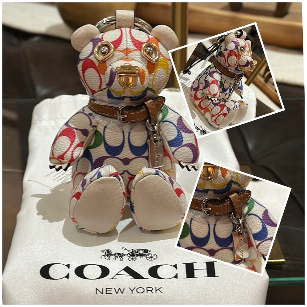 Authentic Coach Bear Bag Charm in Rainbow Signature Canvas & Pebble Leather, NWT